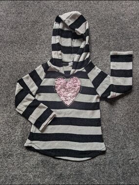 Beautees Black & Gray Striped Hooded Top with Pink Sequin Heart